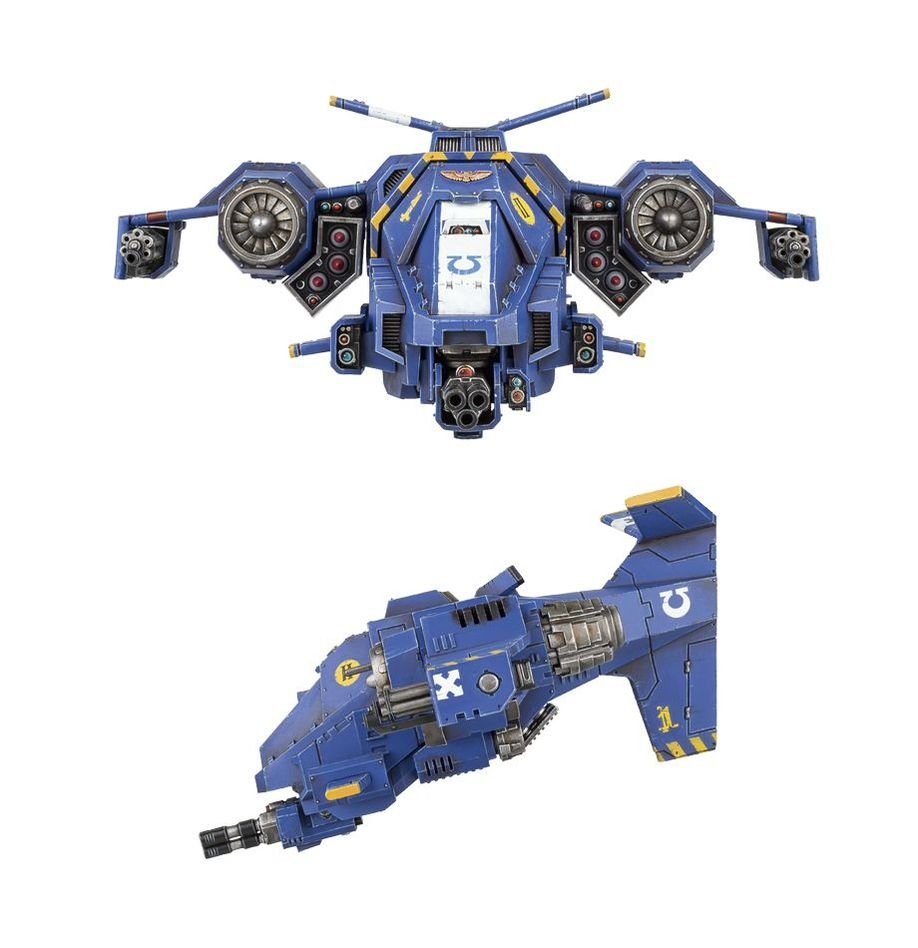 Painted Stormhawk Interceptor shown from the front and in side profile, Ultramarines-style blue