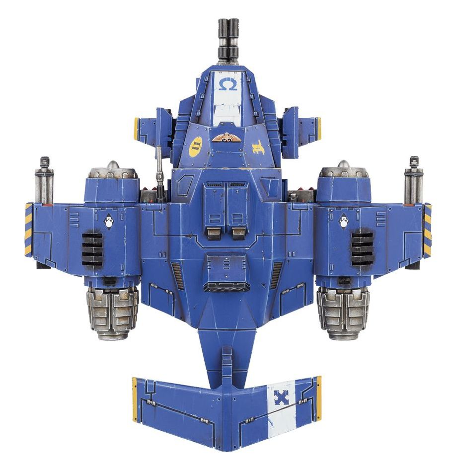 Top-down view of a painted blue Space Marines Stormhawk Interceptor showing its wings and engines