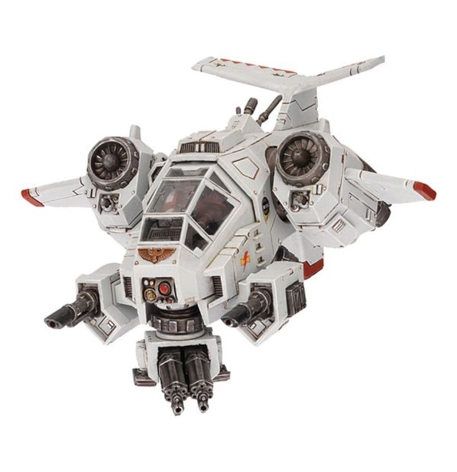 Space Marines flyer from the kit painted in white with red trim, assembled as a Stormtalon Gunship