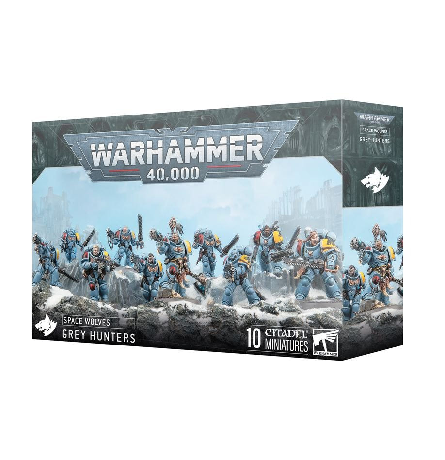 Games Workshop Space Wolves Grey Hunters box front showing ten painted warriors