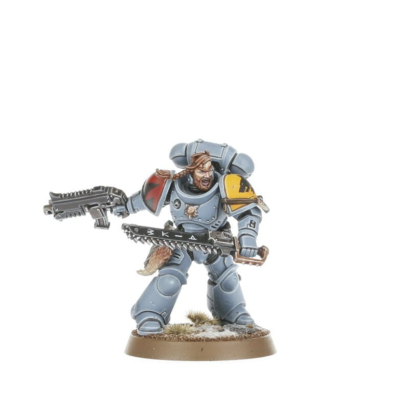 Painted bare-headed Grey Hunter aiming a bolt carbine and pistol