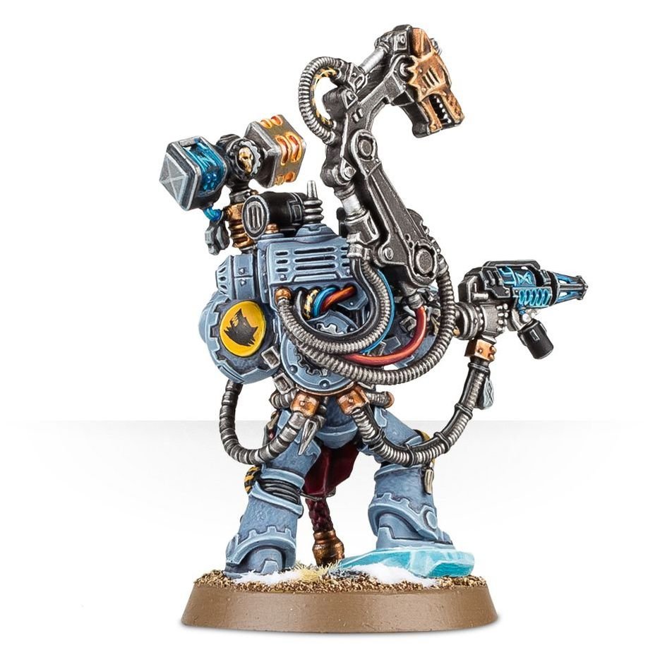 Rear view of the painted Space Wolves Iron Priest showing his backpack and servo-arm cabling