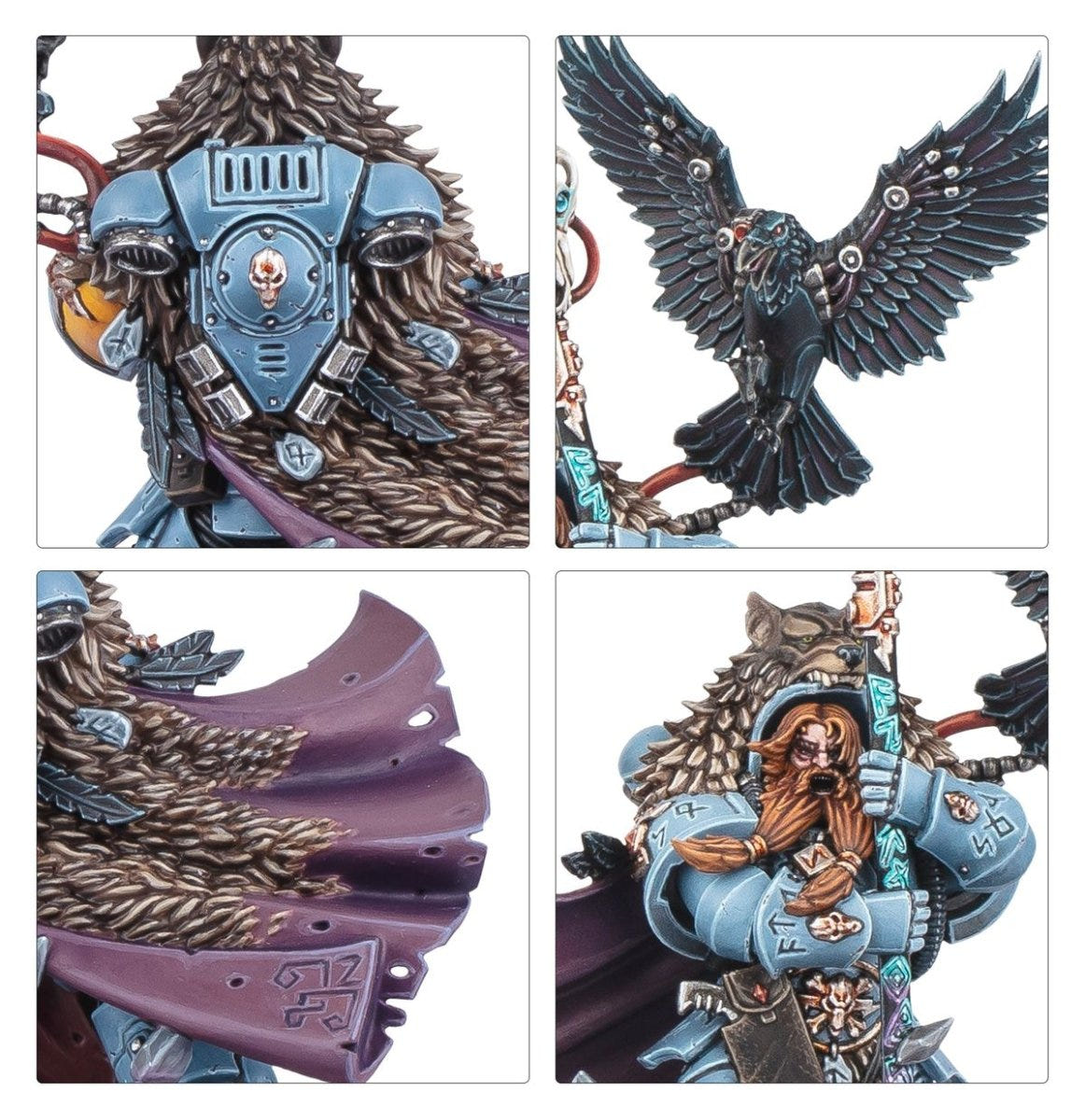 Close-ups of Njal Stormcaller's armour, raven Nightwing, flowing cloak and bearded face