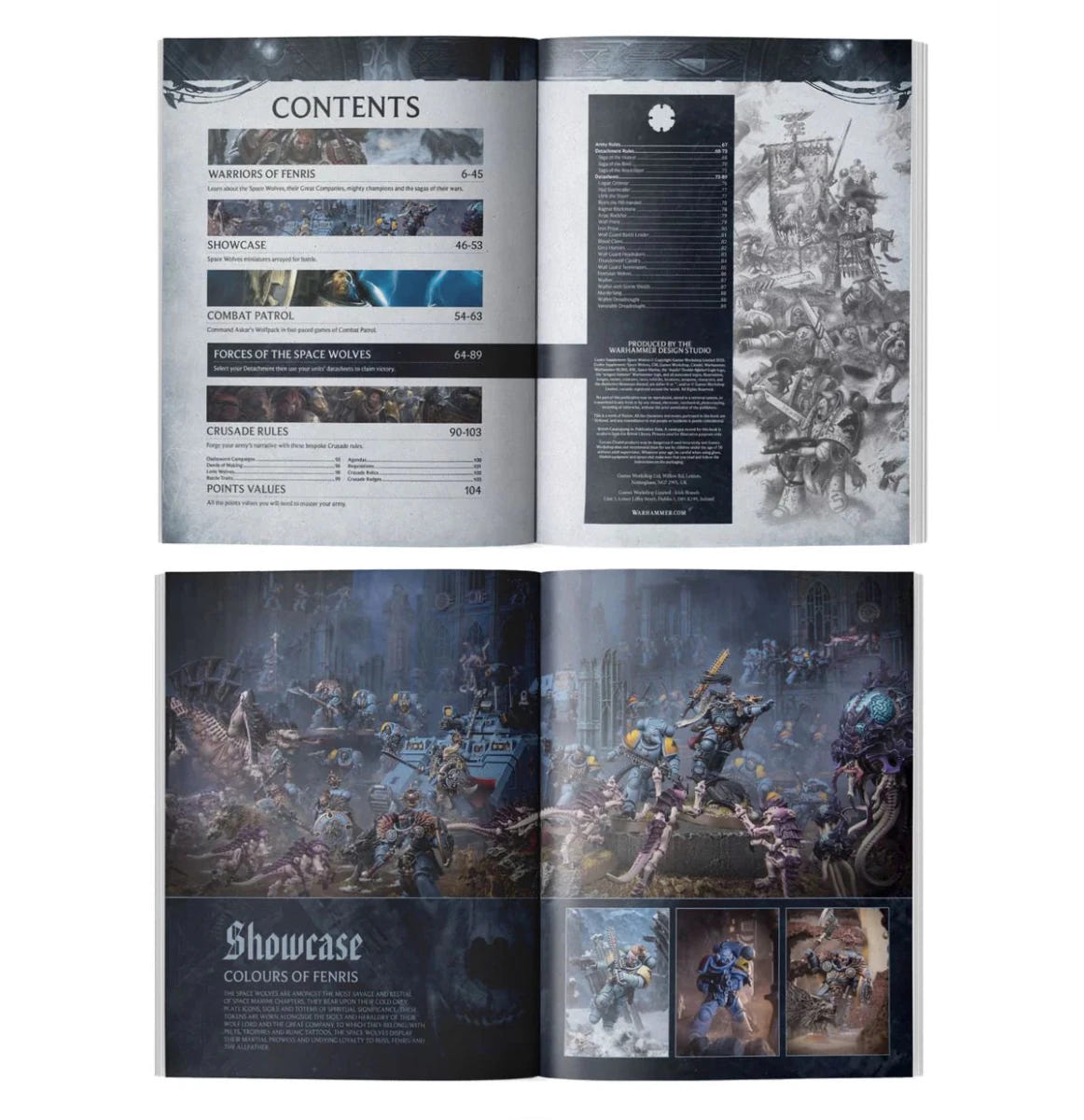 Codex Supplement: Space Wolves inside pages with the contents list and painted miniatures showcase