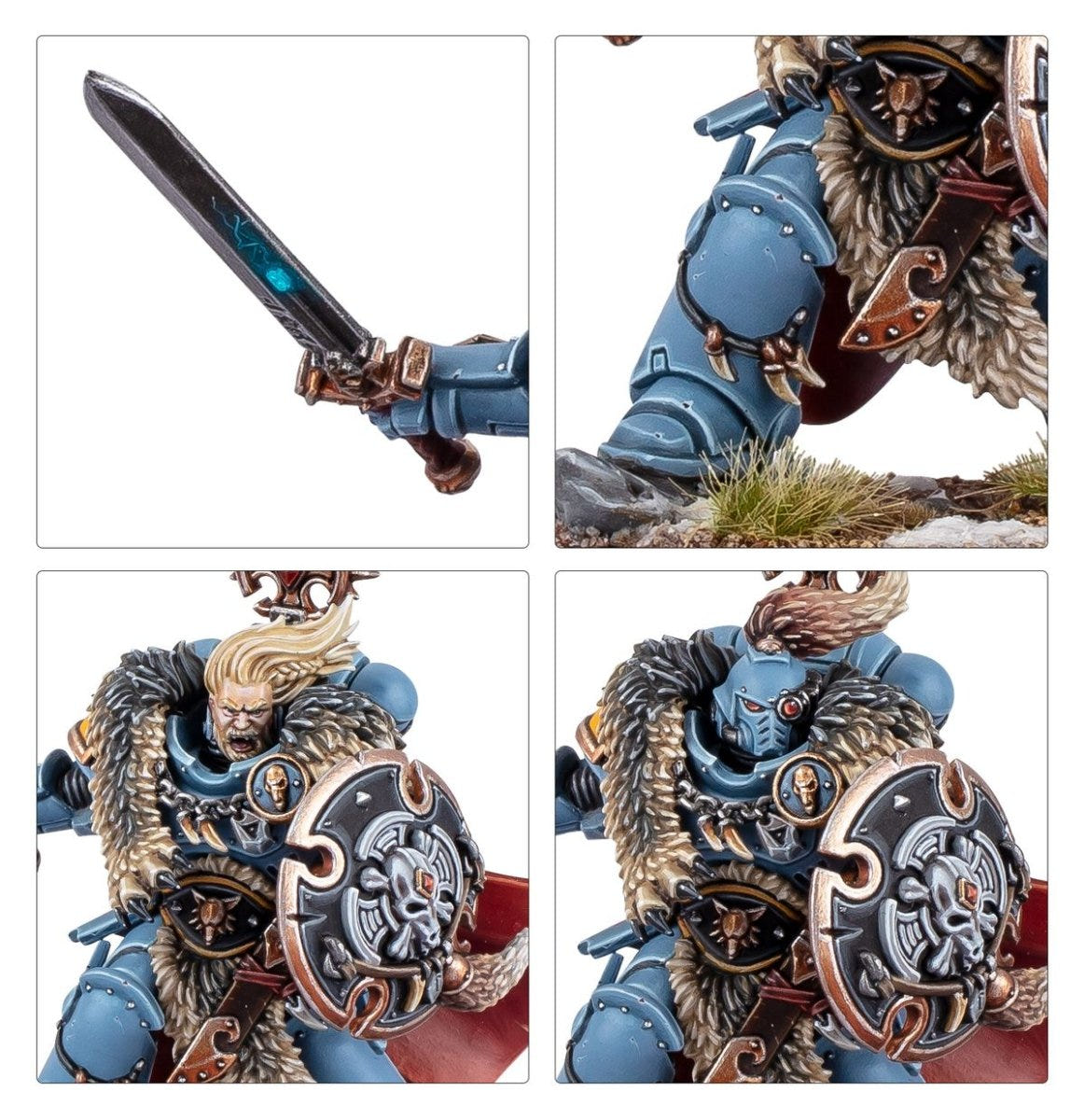 Close-ups of the Wolf Guard Battle Leader's power sword, snowy base, bare head and storm shield