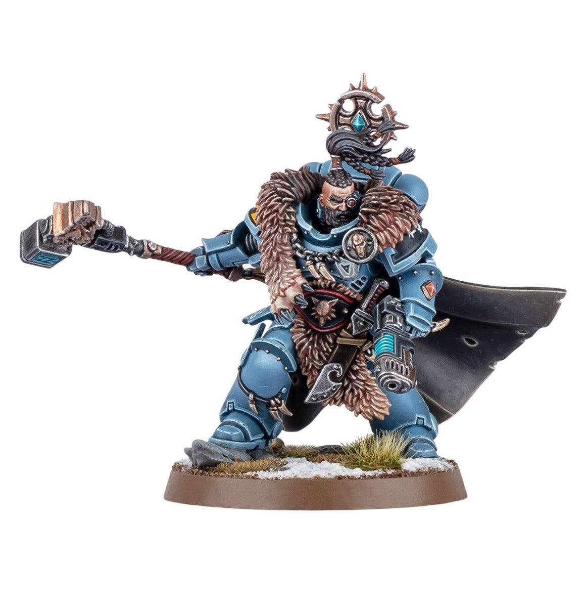 Painted Wolf Guard Battle Leader with thunder hammer and pistol, dark-haired head and grey cloak