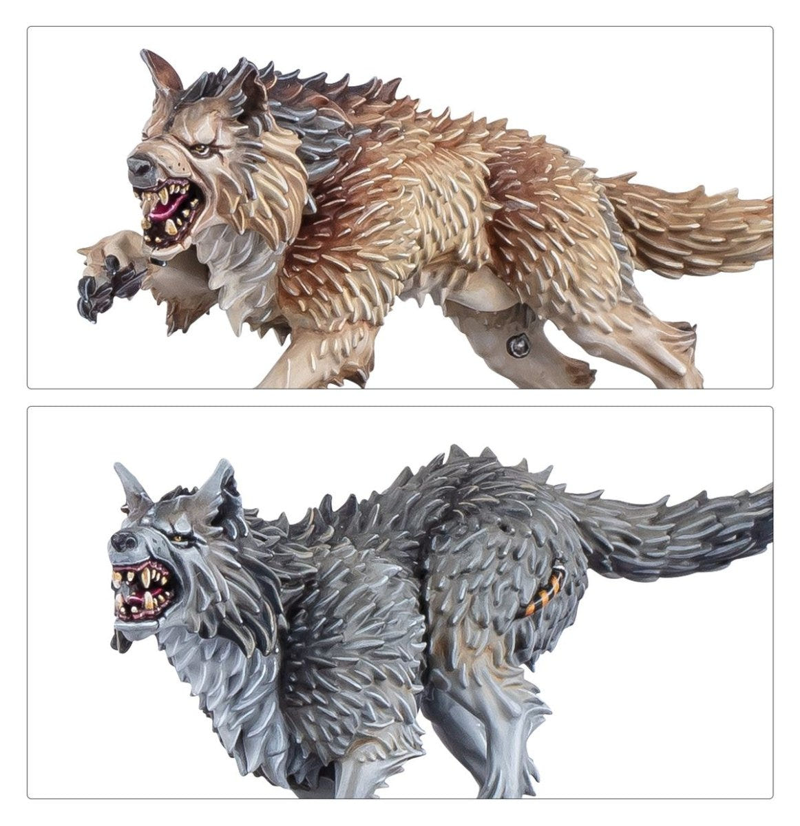 Close-ups of two painted Hunting Wolves from the Space Wolves Wolf Guard Headtakers kit, tan and grey