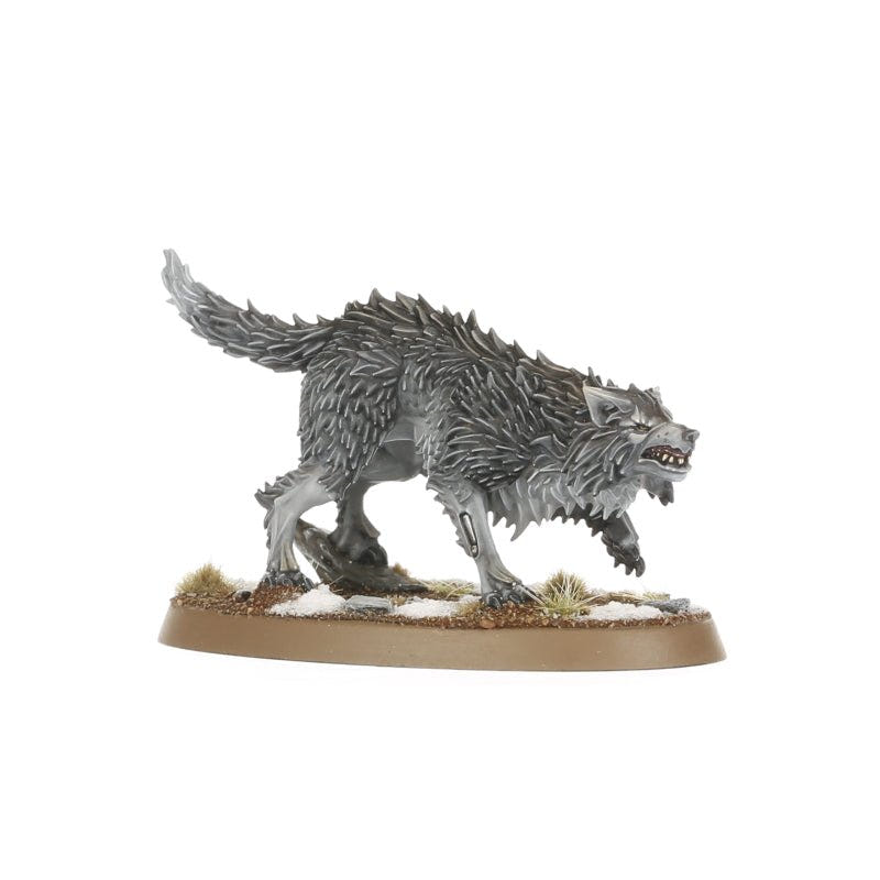 Painted dark grey Hunting Wolf prowling on a snowy base, from the Wolf Guard Headtakers kit
