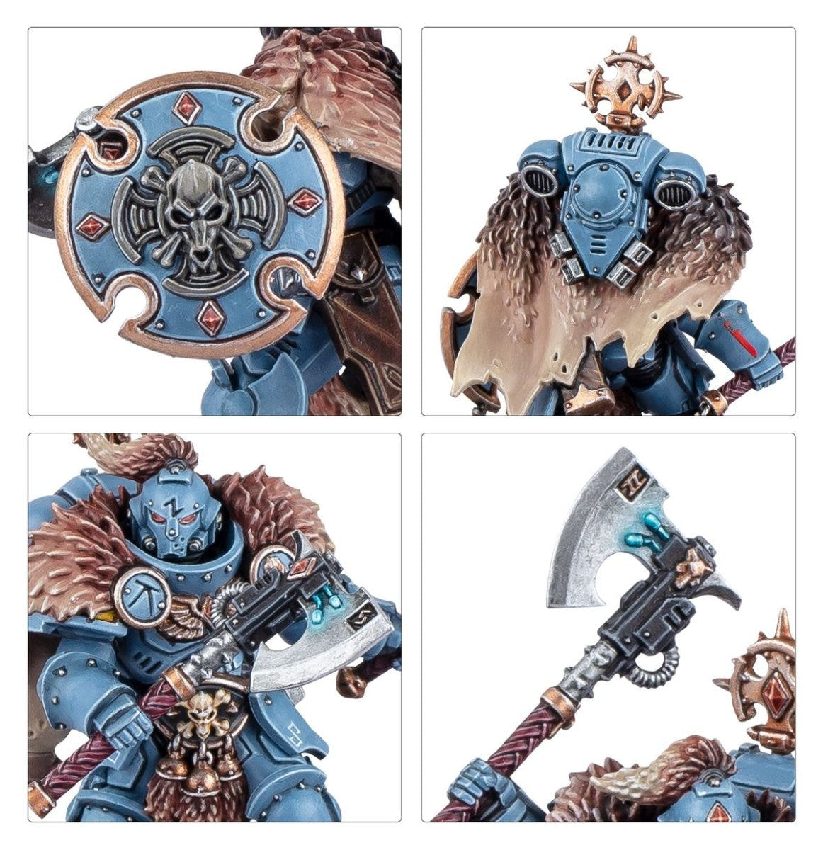 Close-ups of Wolf Guard Headtakers details: skull shield, wolf pelt, power axe and armour trophies