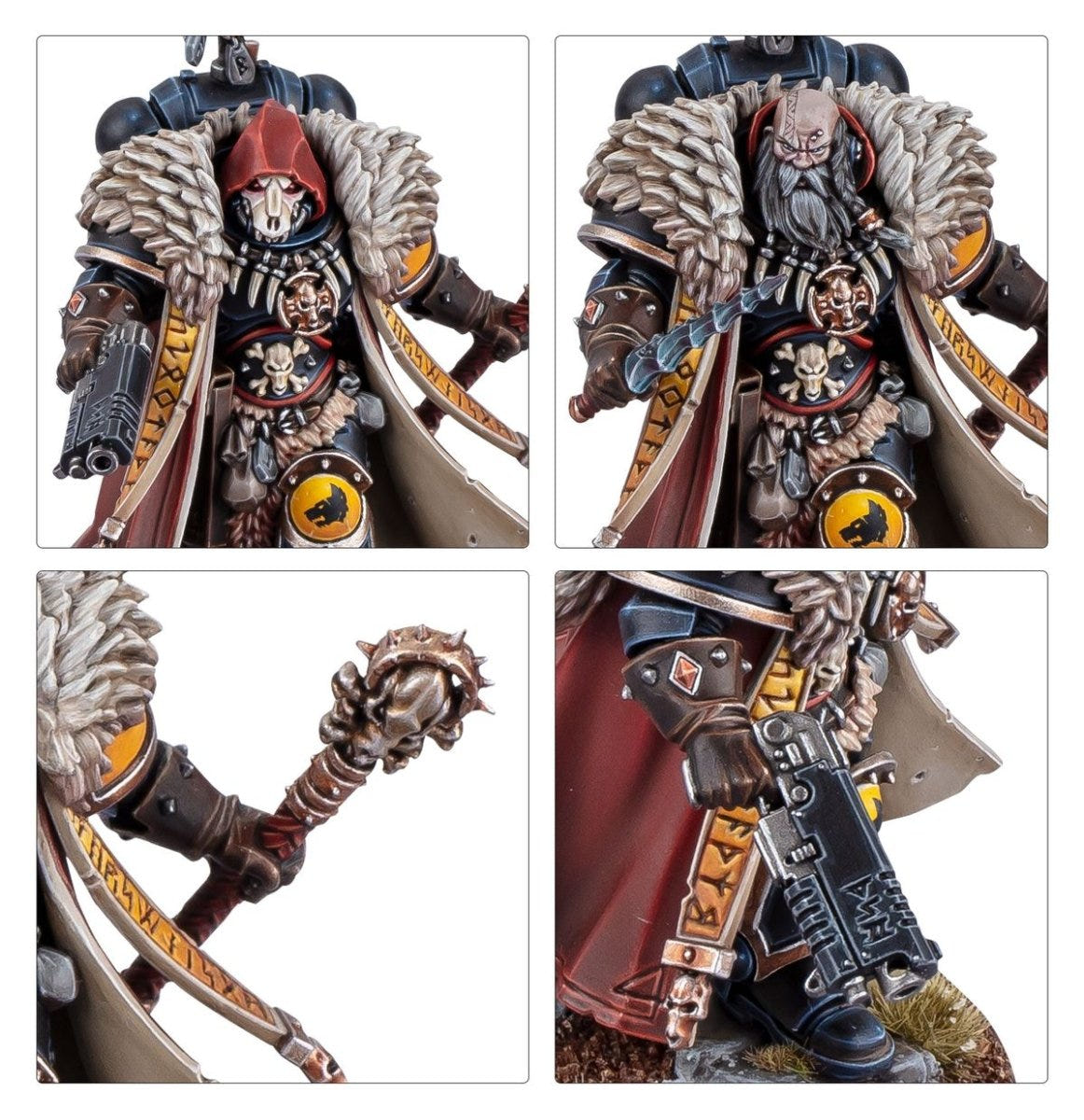Close-ups of the Wolf Priest's hooded and bare heads, crozius and sidearm