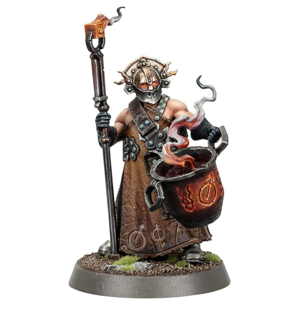 Painted Cities of Sigmar hero in a brass mask with a steaming cauldron and hooked staff