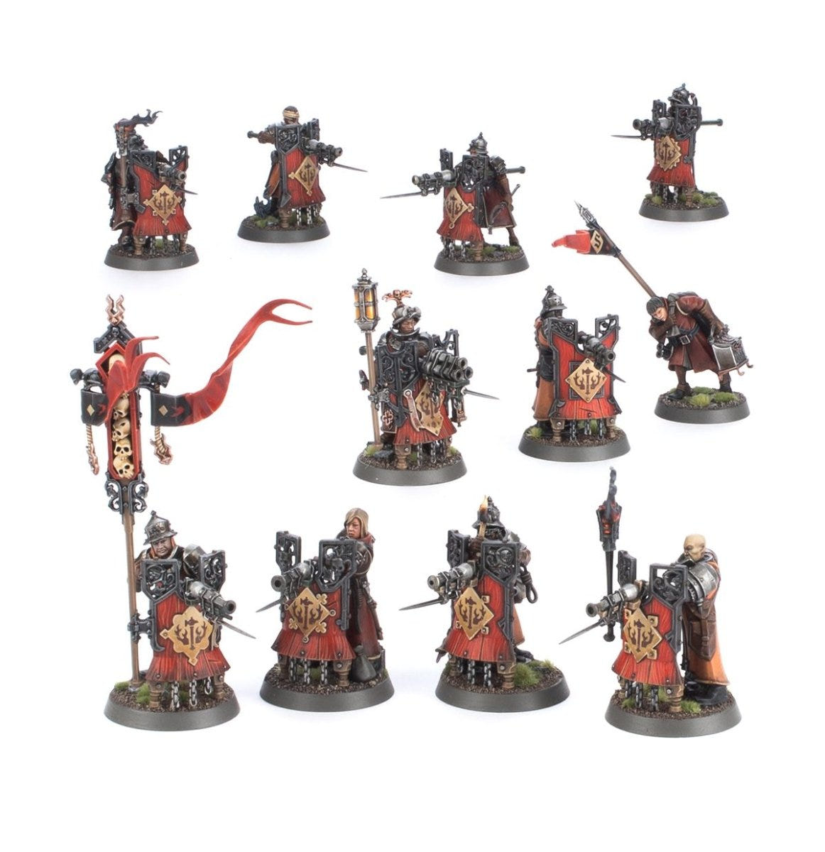 Painted Cities of Sigmar Fusil-Platoon soldiers in red and black uniforms with guns and banners