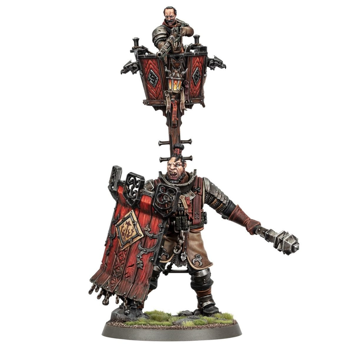Painted Cities of Sigmar officer with a tall banner on his back, shield and outstretched mace