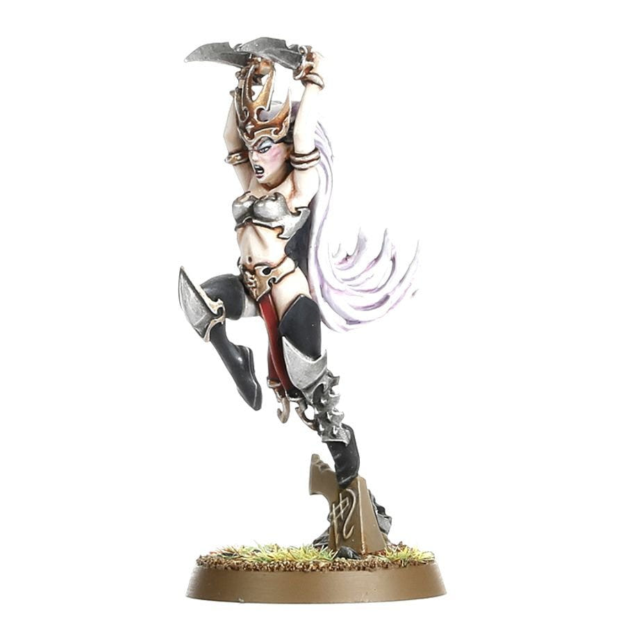 Painted Daughters of Khaine Witch Aelf leaping with blades, Spearhead set