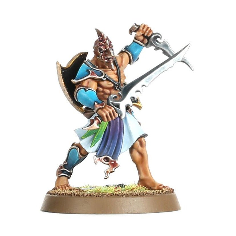 Painted Tzeentch cultist warrior with a curved blade and ornate shield