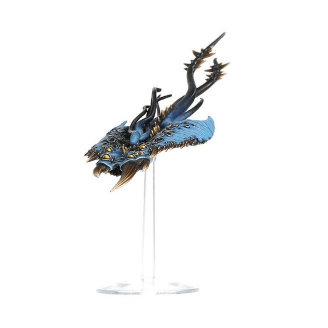 Painted Tzeentch shark-like flying daemon on a clear flying stand