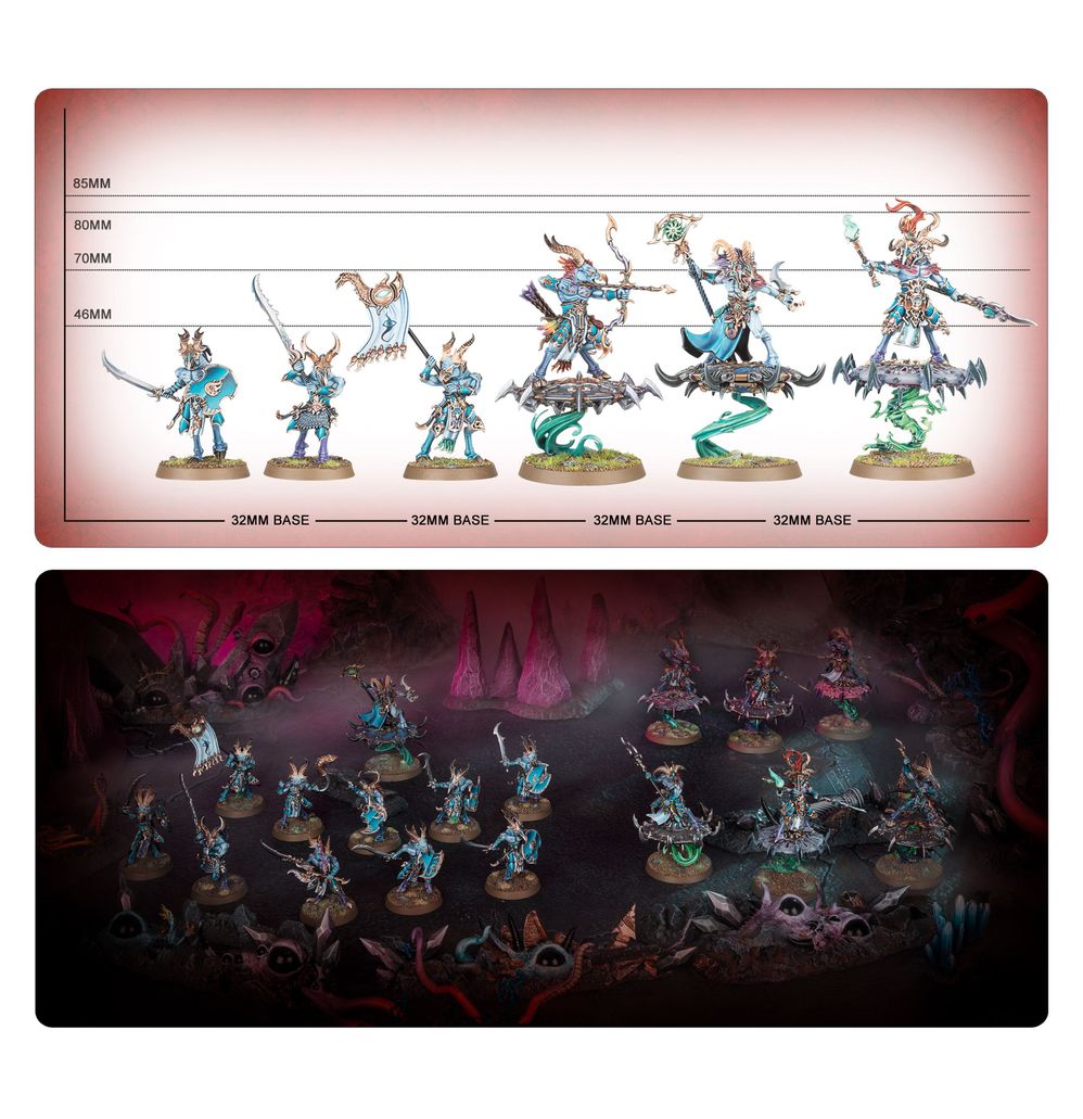 Tzaangor Warflock size guide showing model heights and bases, above a painted battle scene