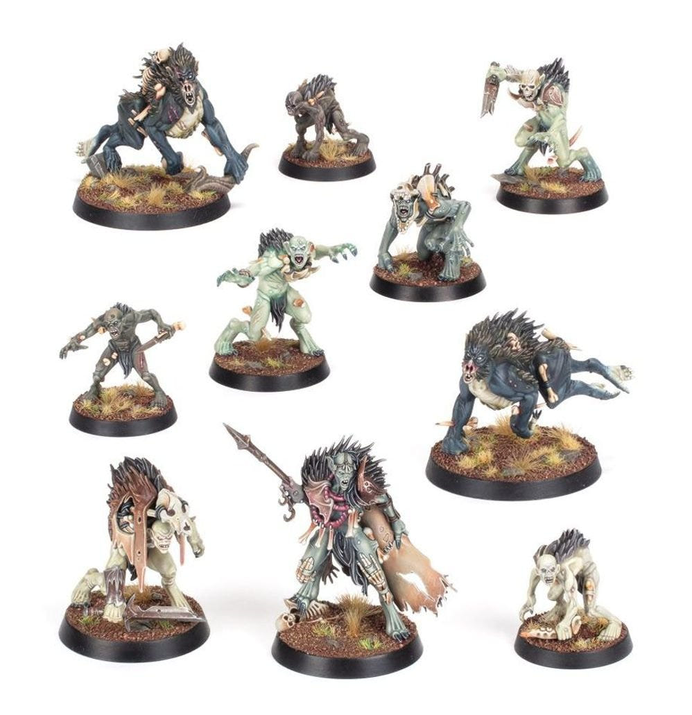 Ten painted crypt ghouls with blades and bones, Flesh-eater Courts Charnel Watch Spearhead miniatures