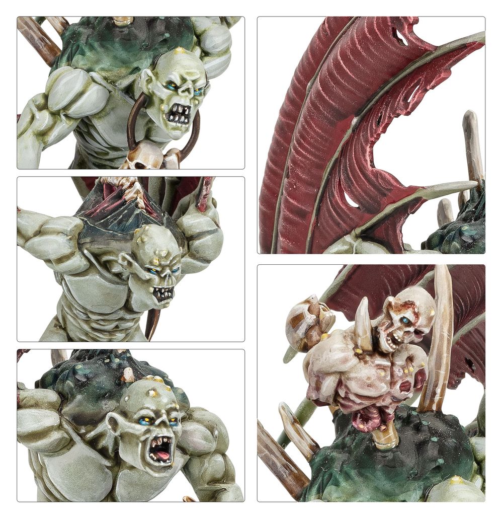 Close-ups of ghoul faces, crimson wings and a skull trophy on Flesh-eater Courts Charnel Watch models