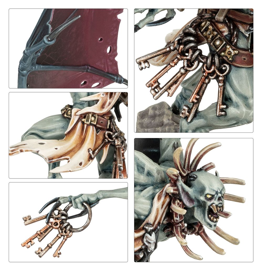 Close-ups of the winged vampire leader's wing, key ring and snarling face, Flesh-eater Courts miniature