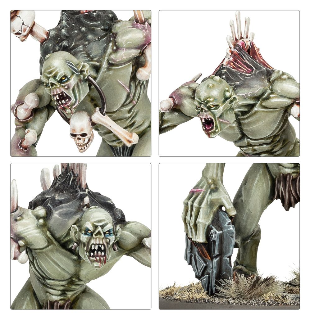 Close-ups of snarling ghoul brute heads and a clawed foot on Flesh-eater Courts Charnel Watch models