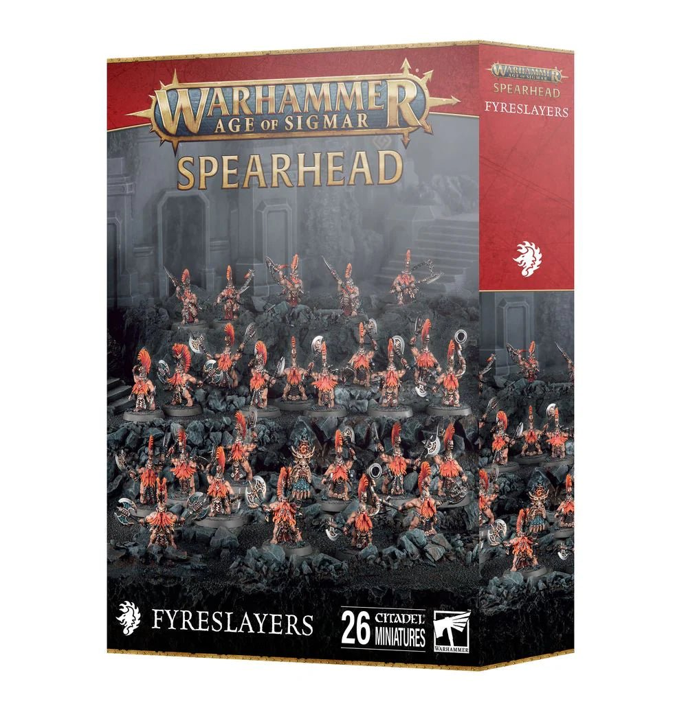 Games Workshop Age of Sigmar Spearhead: Fyreslayers box front showing a 26-miniature duardin army