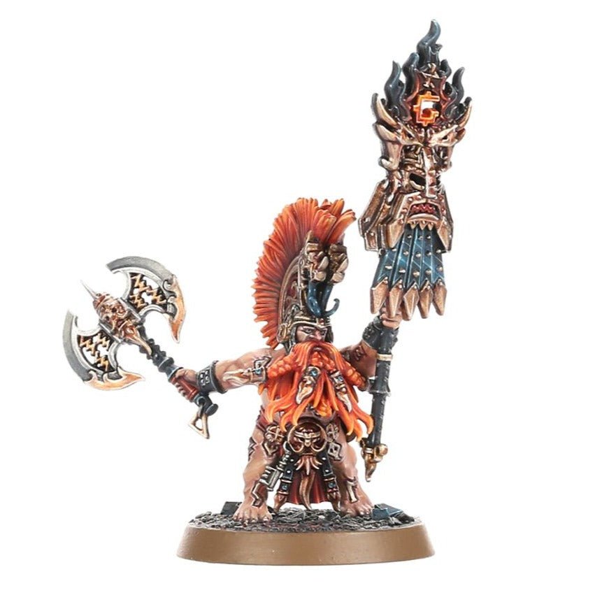 Painted Fyreslayers Battlesmith carrying a towering ur-gold rune icon and a single axe