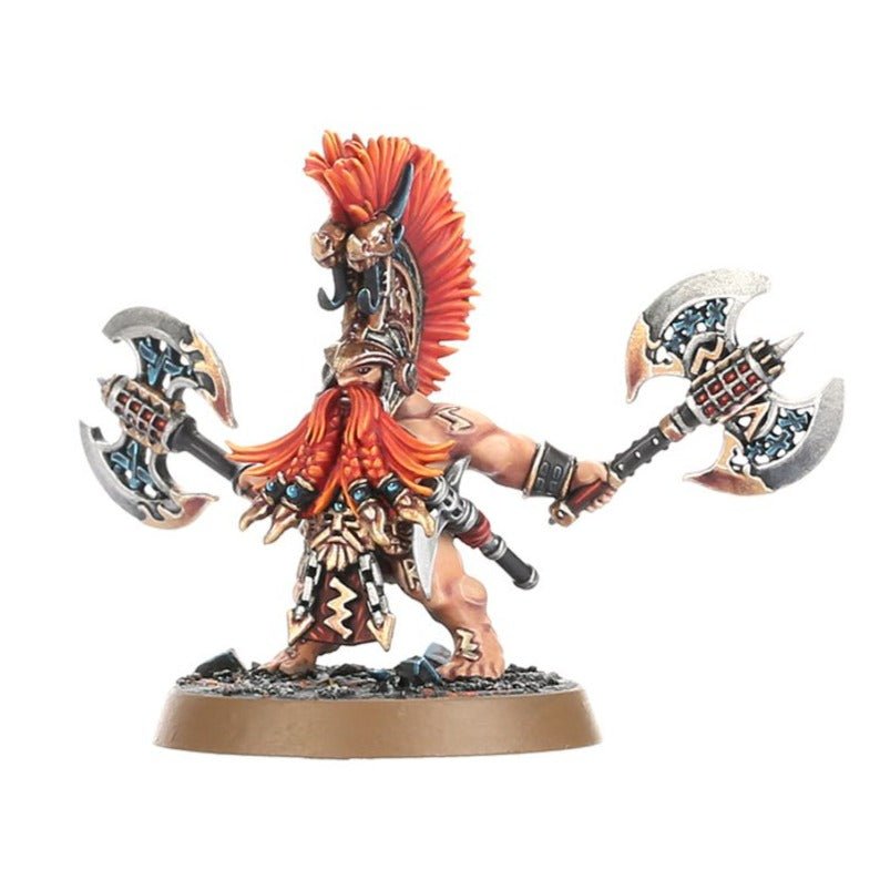 Painted Fyreslayers berzerker with orange crest and beard wielding twin fyresteel axes, close view