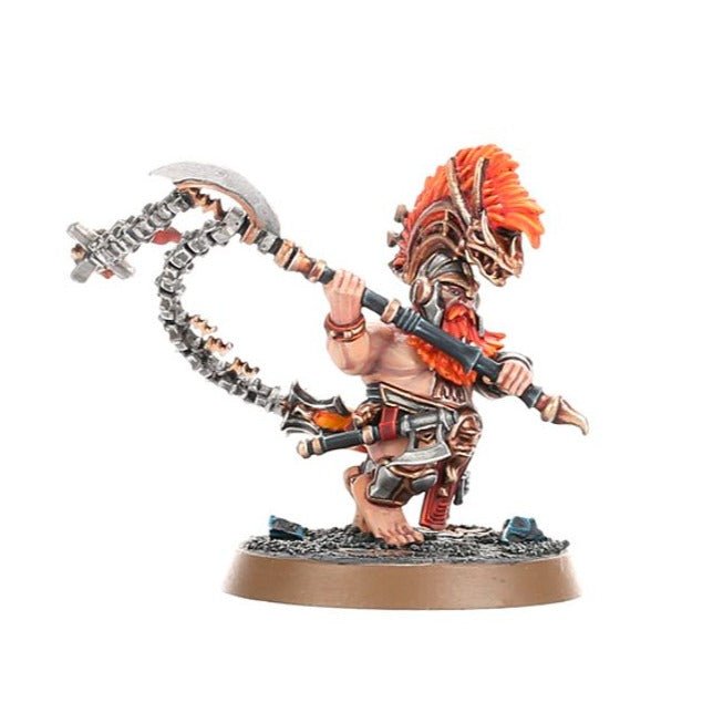 Painted Fyreslayers berzerker in a crested helm swinging a chained broadaxe, close view