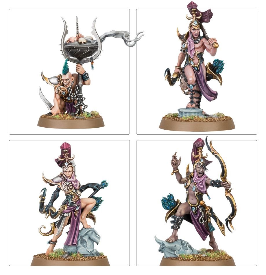 Painted Hedonites of Slaanesh Blissbarb Archers with bows and a standard bearer