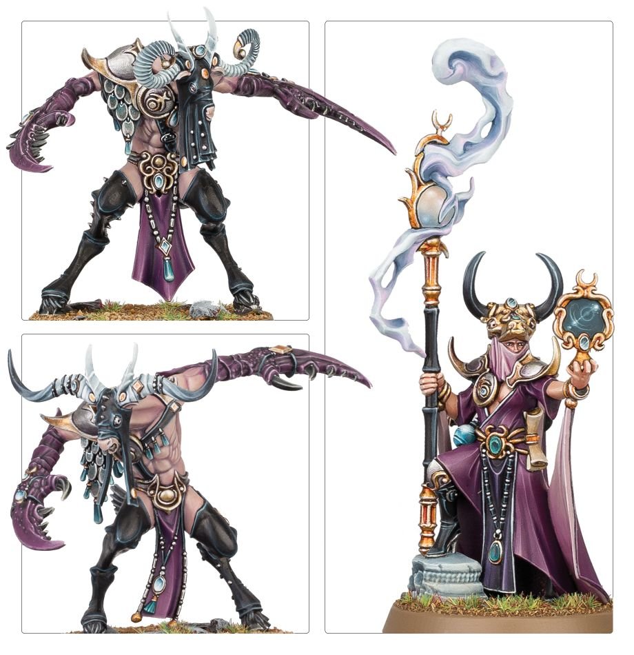 Painted Hedonites of Slaanesh Slaangor Fiendbloods with claws and a Shardspeaker with staff