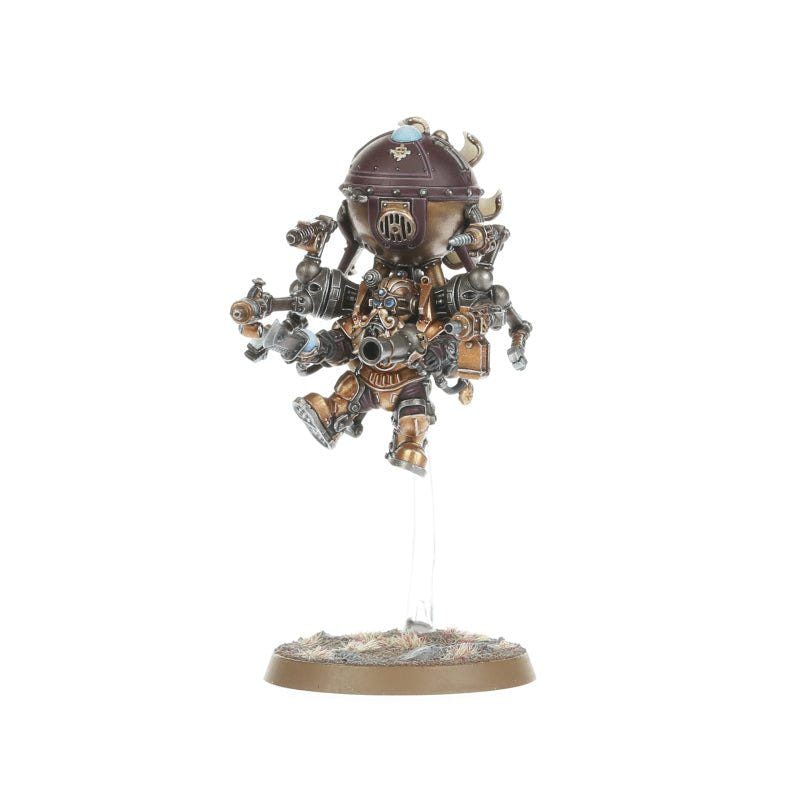 Painted Kharadron duardin in dirigible suit hovering on a flight stand, alternative view