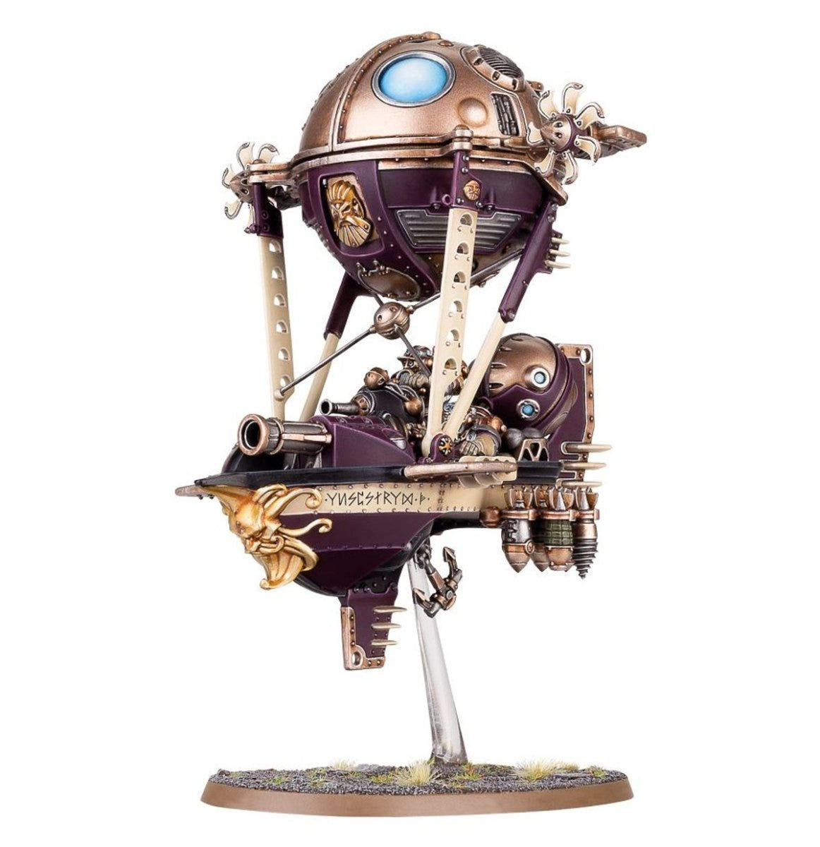 Painted Kharadron Overlords armed airship with brass balloon, purple hull and forward cannon