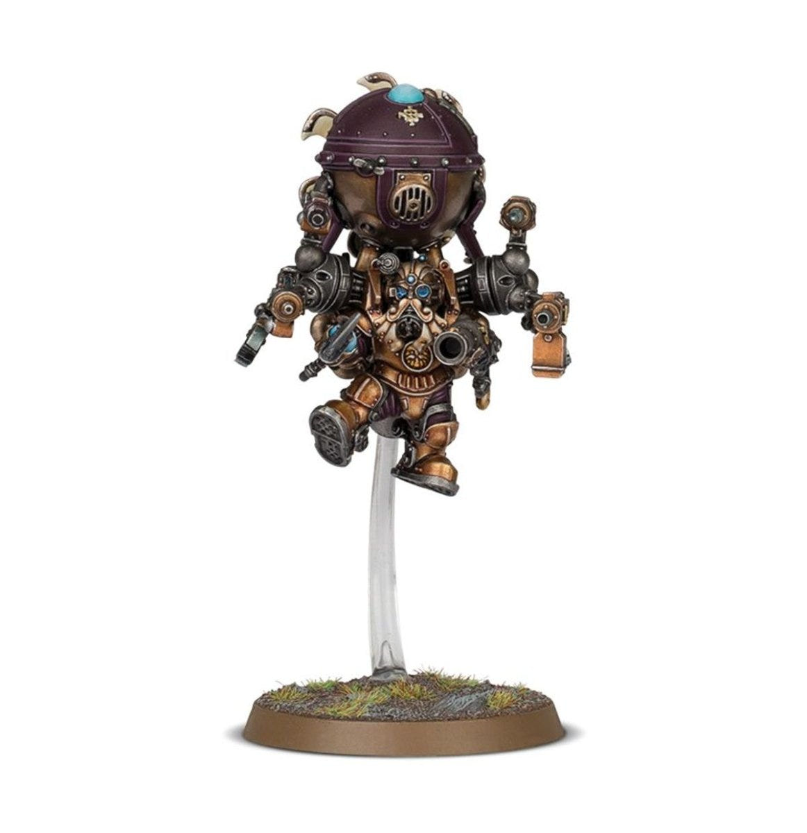 Painted Kharadron Overlords duardin in a floating dirigible suit bristling with guns, on flight stand