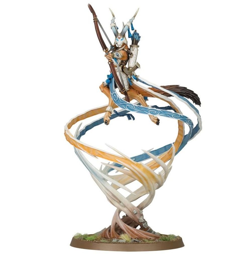 Painted Lumineth Realm-lords hero riding a spiralling blue and gold wind vortex