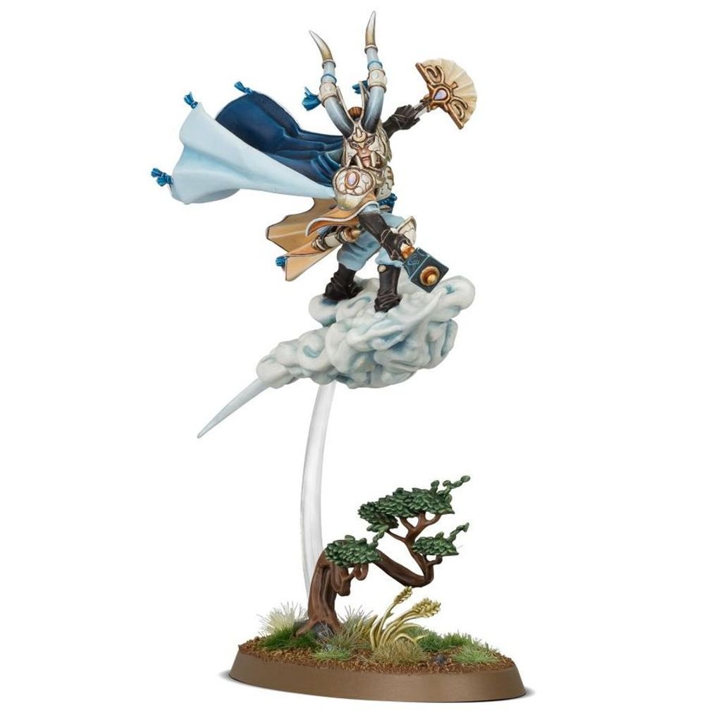 Painted Lumineth Realm-lords hero on a swirling cloud above a gnarled bonsai tree base