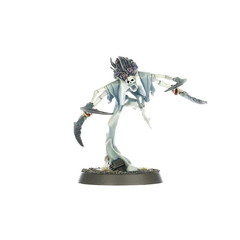 Painted Dreadscythe Harridan with skull face and scythe arms, Nighthaunt