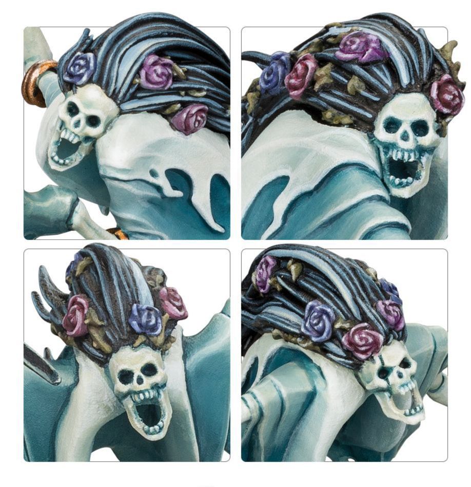 Close-ups of Dreadscythe Harridan skull faces with roses in their hair