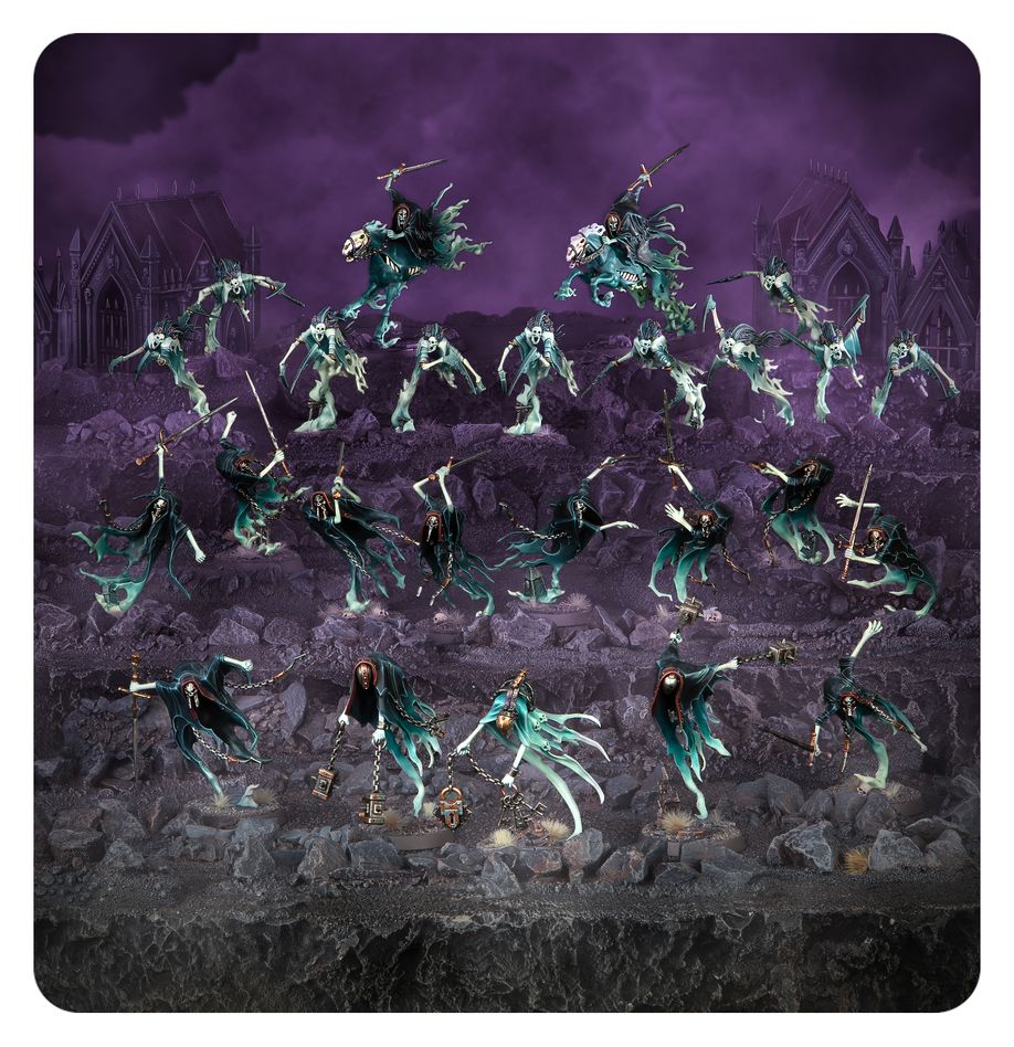 Nighthaunt Cursed Shacklehorde army arrayed on a purple-lit battlefield