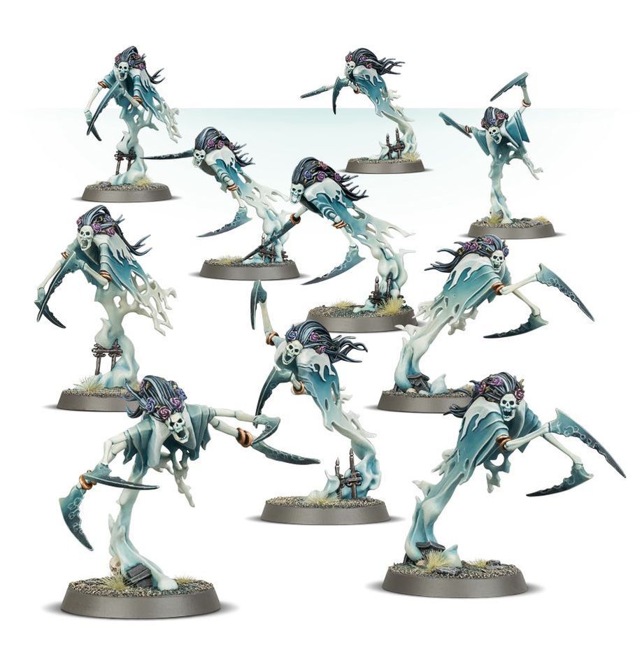 Painted Nighthaunt Dreadscythe Harridans unit with scythe arms, pale blue ghosts