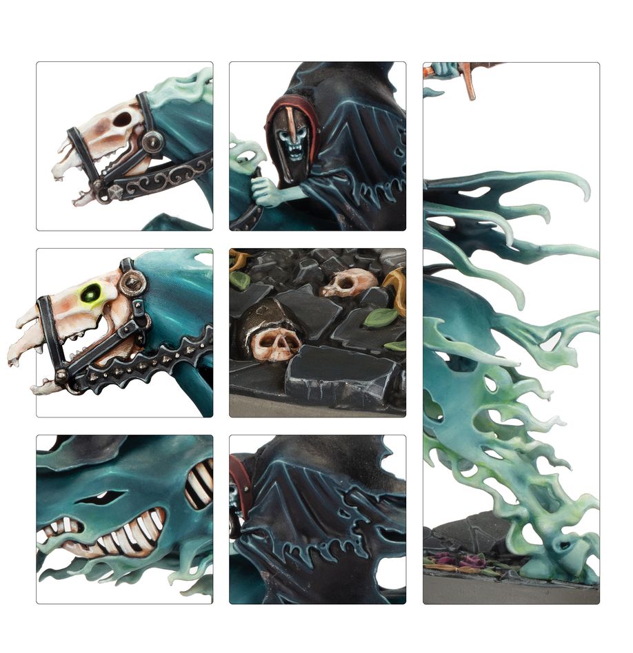 Close-ups of Dreadblade Harrow steed skulls, bridles and ghostly manes