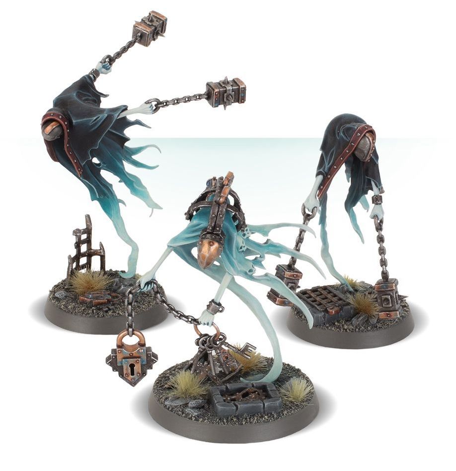 Painted Nighthaunt Spirit Torment with two Chainghasts on round bases