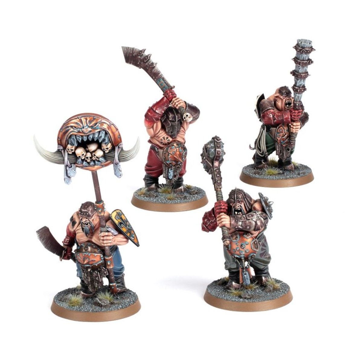 Painted Ogor Mawtribes ogors with clubs and a gut-mouth banner