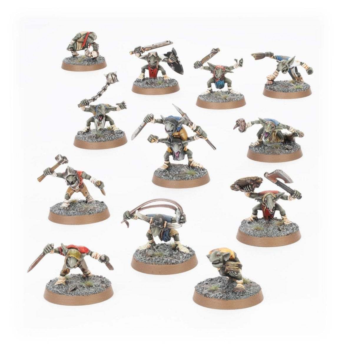 A mob of painted gnoblars with crude weapons from the Scrapglutt Spearhead