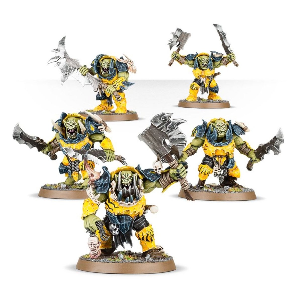 Five painted Ironjawz Brutes in yellow armour wielding big choppas