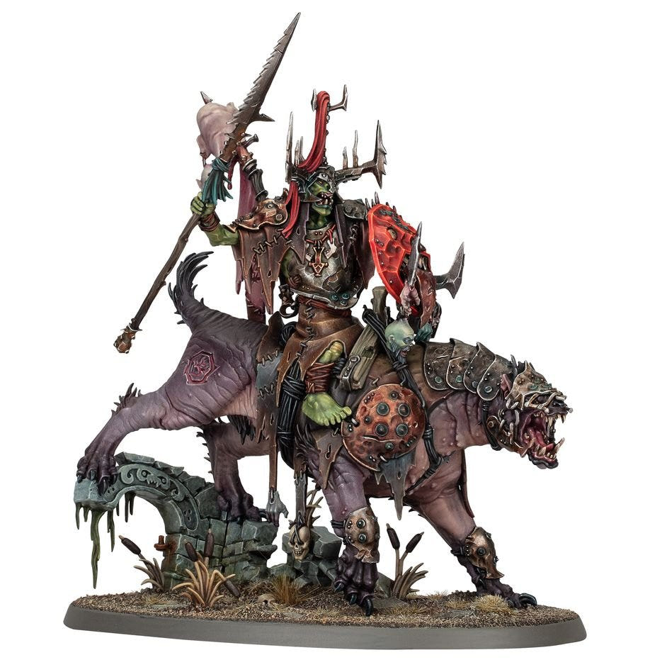 Painted Kruleboyz Killaboss on Great Gnashtoof with spear and red shield