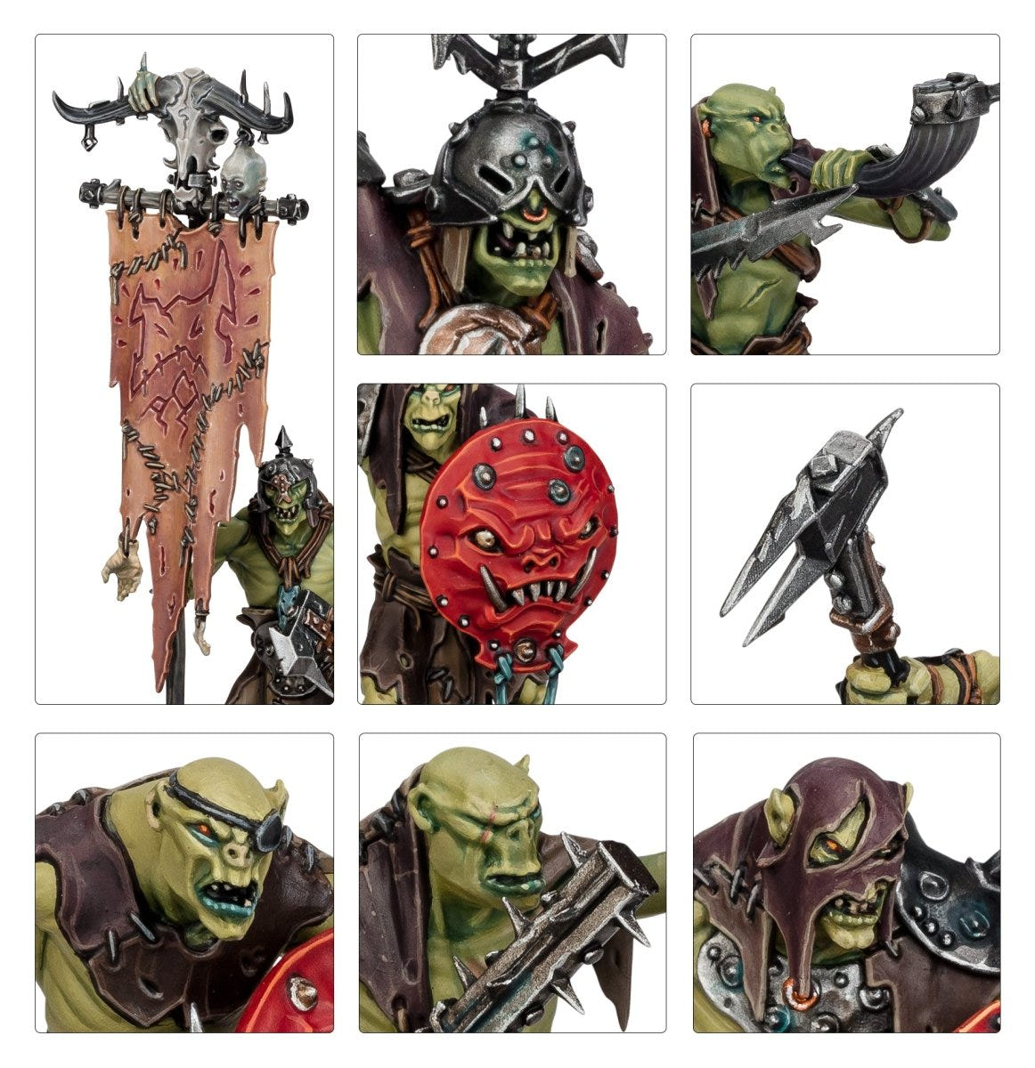 Close-ups of painted Gutrippaz banner, helmets, shields, weapons and orruk faces