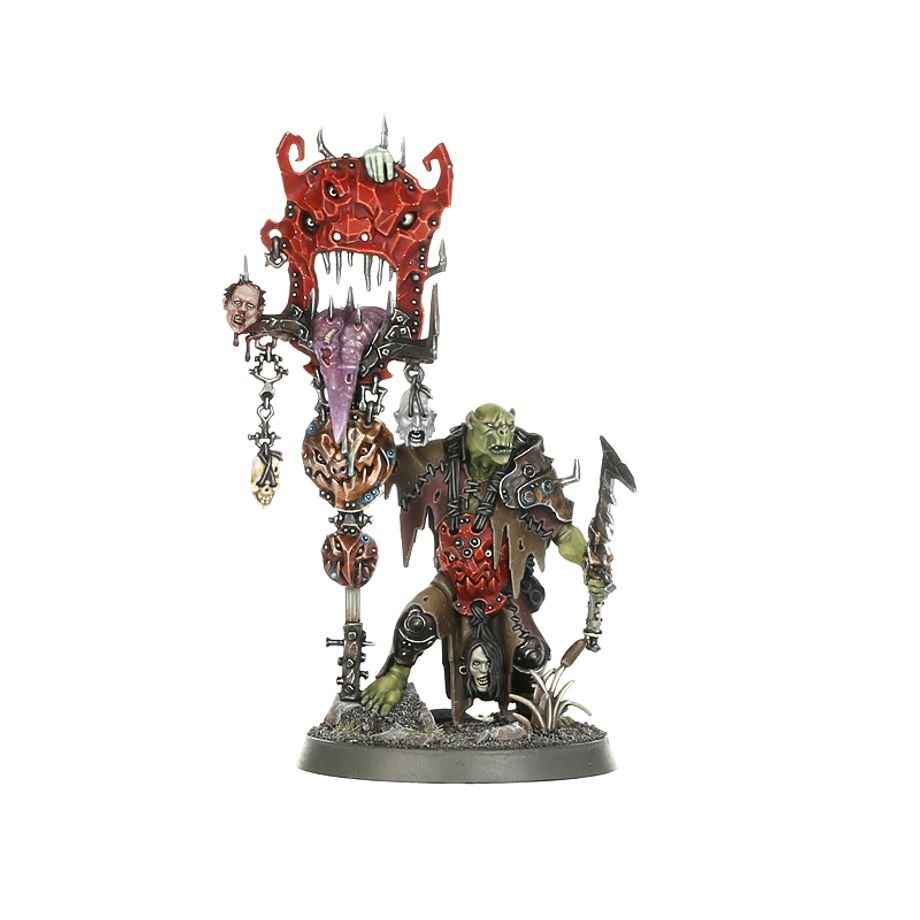 Painted Kruleboyz Murknob with Belcha-banna, a red toothed banner with hanging trophies