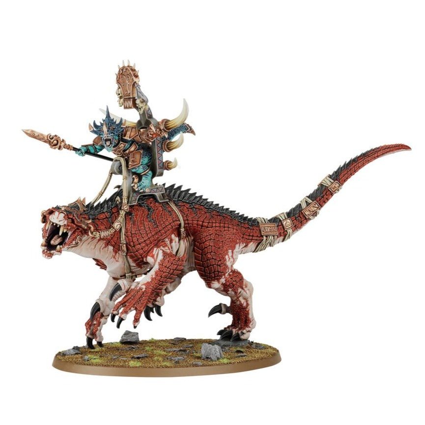 Painted Saurus Oldblood riding a red Carnosaur with spear raised, side view