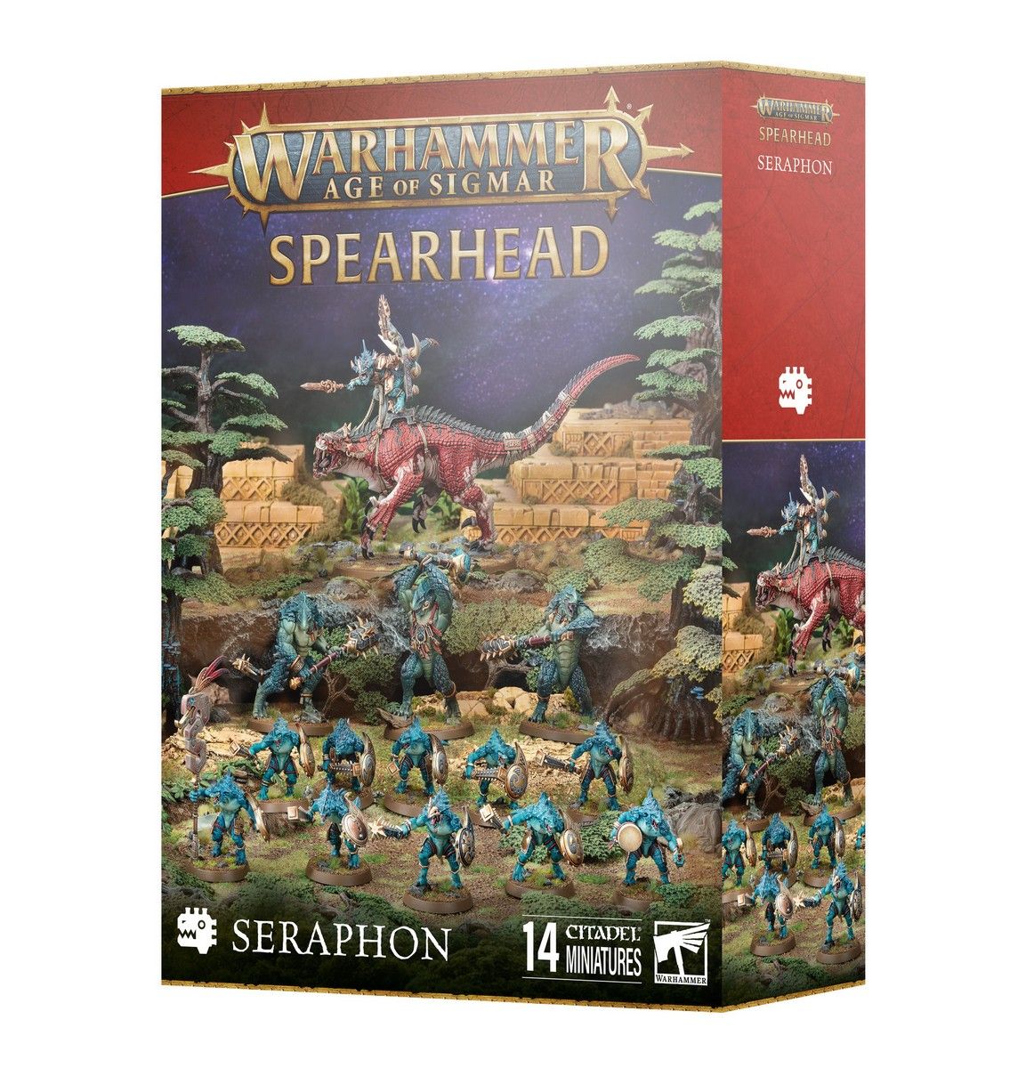 Games Workshop Age of Sigmar Spearhead: Seraphon box front showing a Carnosaur and lizardmen army